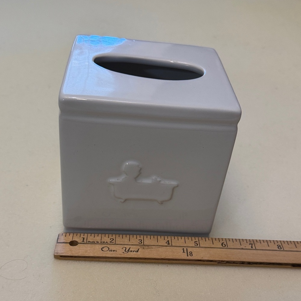White Ceramic Tissue Box Cover with Bathtub Motif
